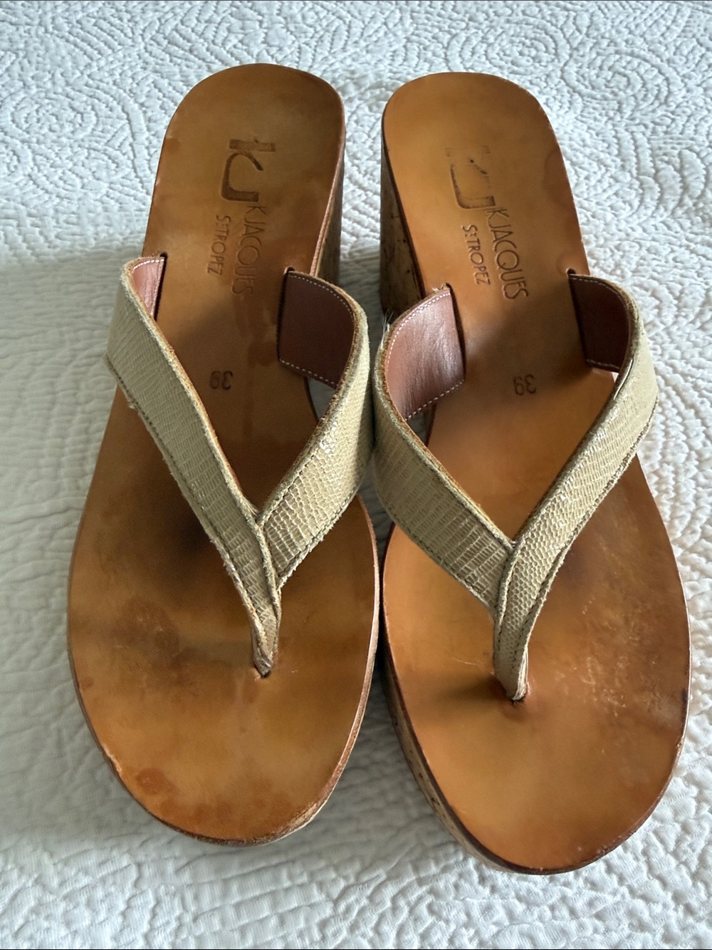 KJacques Neutral Beige Wedge Thong Sandals.